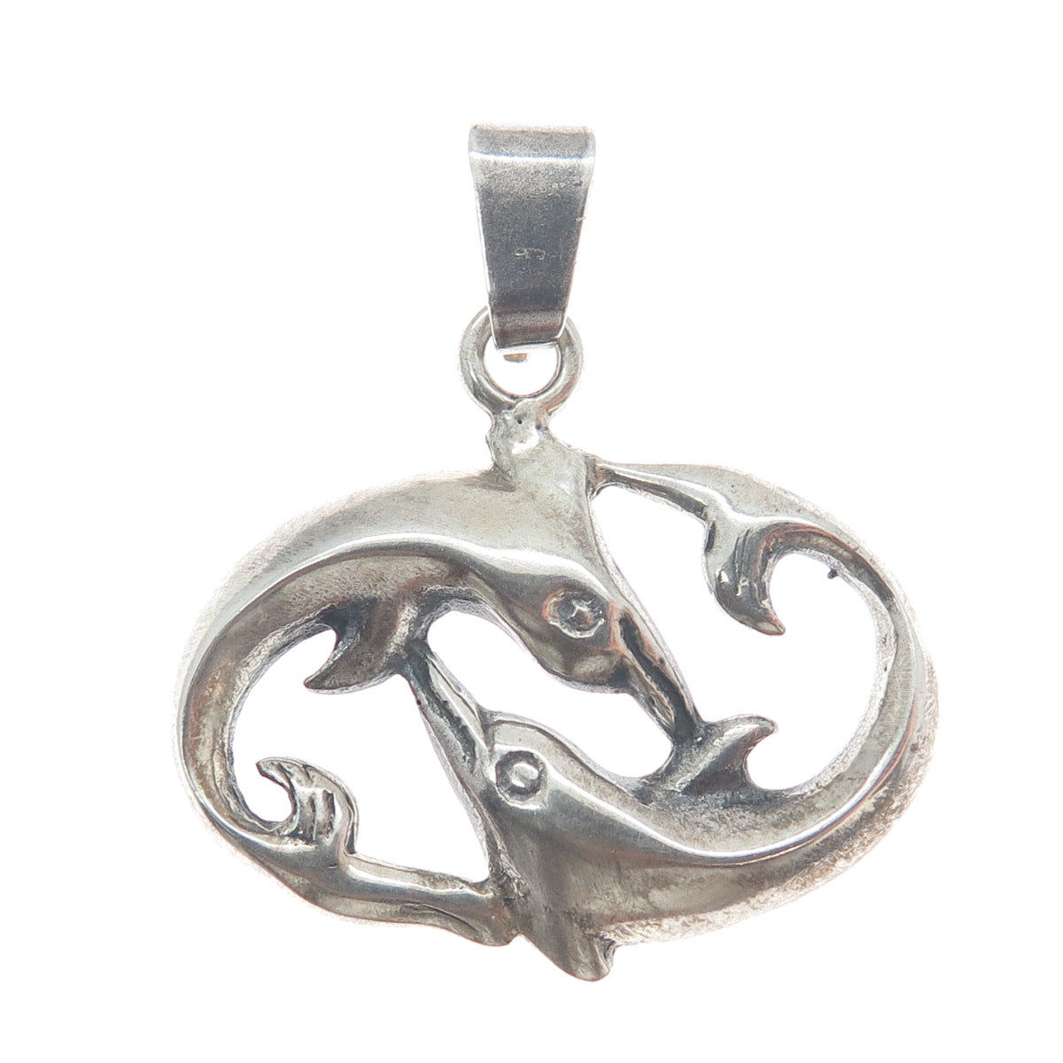925 Sterling Silver Vintage Couple of Dolphins Friendship Oxidized Pendant