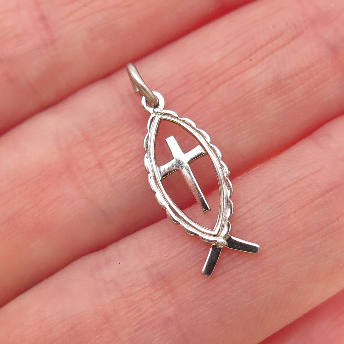 THEDA 925 Sterling Silver Vintage Ichthys Cross Religious Mini Charm Pendant