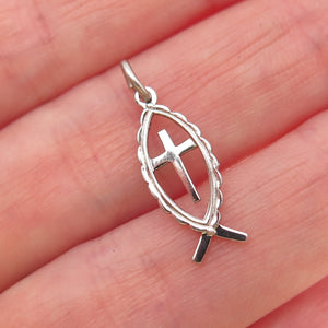 THEDA 925 Sterling Silver Vintage Ichthys Cross Religious Mini Charm Pendant