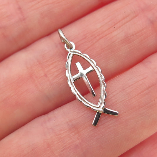 THEDA 925 Sterling Silver Vintage Ichthys Cross Religious Mini Charm Pendant