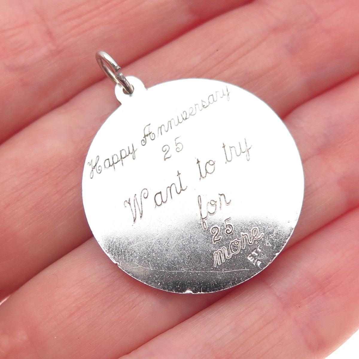 925 Sterling Silver Vintage Engraved Happy 25th Anniversary Charm Pendant