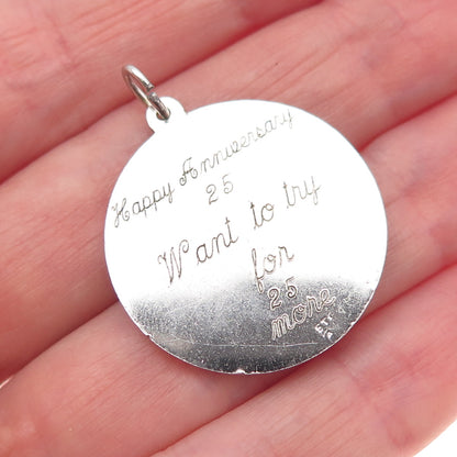 925 Sterling Silver Vintage Engraved Happy 25th Anniversary Charm Pendant