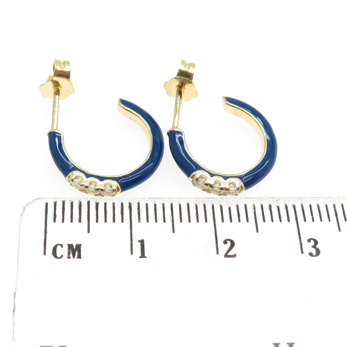 925 Sterling Silver Gold Plated C Z & Blue Enamel Half Hoop Earrings