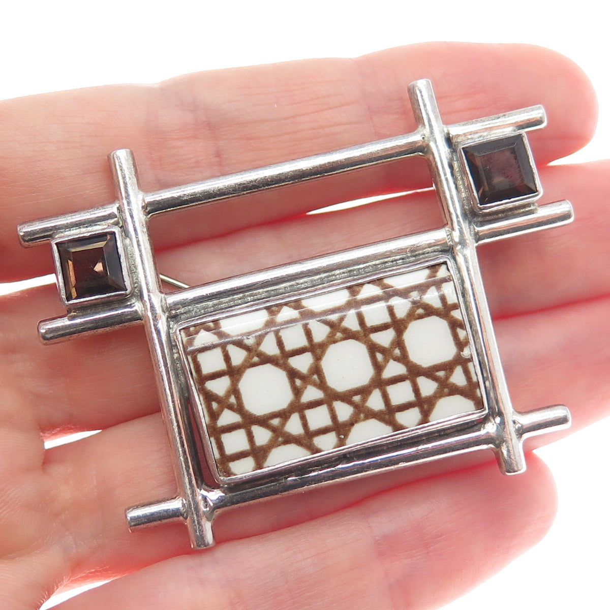 ECHO OF THE DREAMER 925 Sterling Silver Vintage Real Smoky Quartz Ceramic Brooch