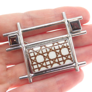 ECHO OF THE DREAMER 925 Sterling Silver Vintage Real Smoky Quartz Ceramic Brooch