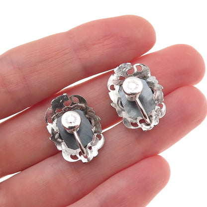 Dixelle 925 Sterling Silver Vintage Real Hematite Floral Screw Back Earrings