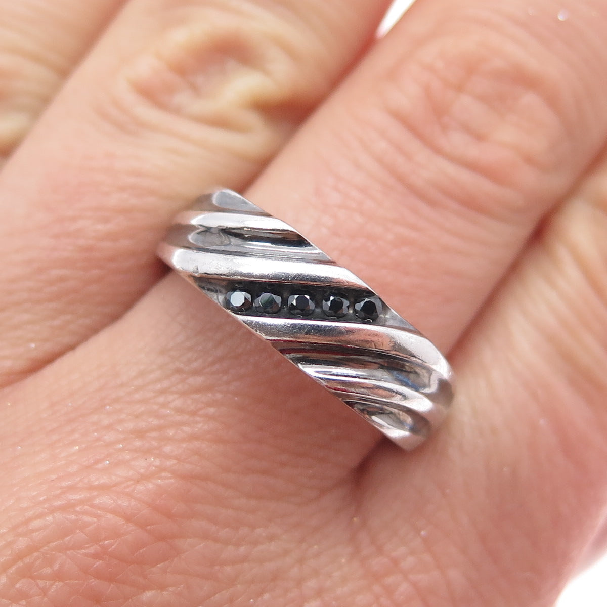 925 Sterling Silver Real Round-Cut Black Diamond Modernist Ring Size 10.25