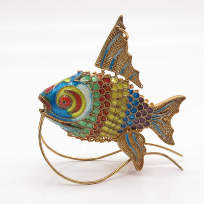 925 Sterling Silver Gold Plated Antique Enamel Articulated Chinese Fish Koi Fob