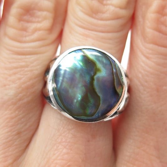 INDIGO 925 Sterling Silver Vintage Real Abalone Shell Spiral Ring Size 7