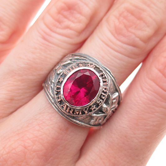 925 Sterling Silver Vintage Lab-Created Ruby US Army Signal Corps Ring Size 9.25