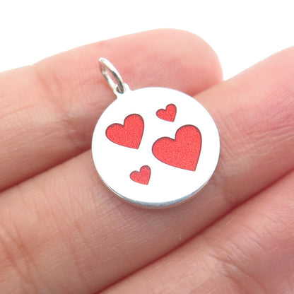 925 Sterling Silver Red Enamel Family Hearts Round Tag Minimalist Charm Pendant