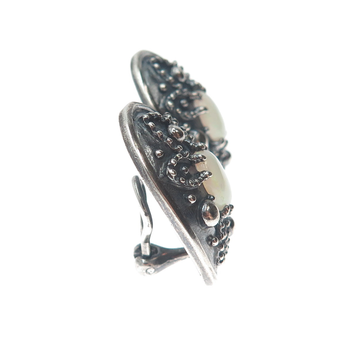 925 Sterling Silver Vintage Real Opal Granulated Oxidized Clip On Earrings