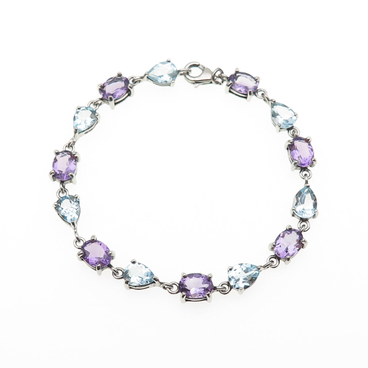 925 Sterling Silver Vintage Oval-Cut Amethyst & Pear-Cut Blue Topaz Bracelet 7"
