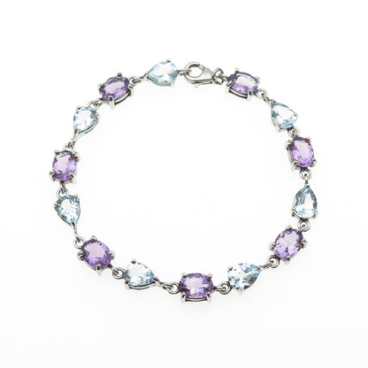925 Sterling Silver Vintage Oval-Cut Amethyst & Pear-Cut Blue Topaz Bracelet 7"