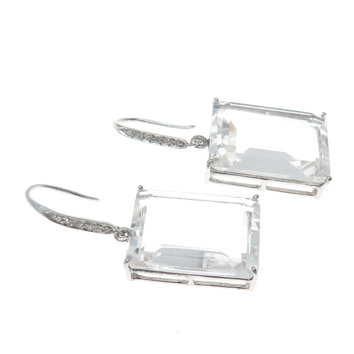 925 Sterling Silver Real Diamond & Emerald-Cut White Topaz Dangle Earrings