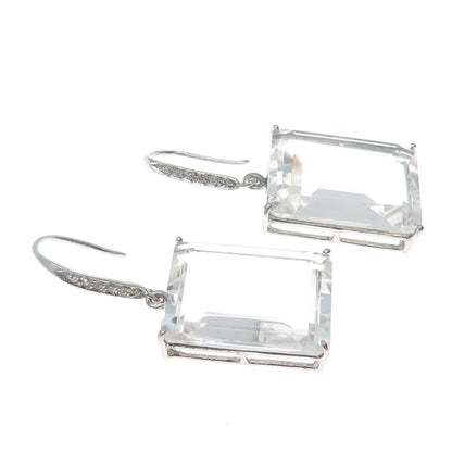 925 Sterling Silver Real Diamond & Emerald-Cut White Topaz Dangle Earrings