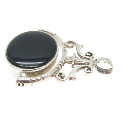 925 Sterling Silver Vintage Mother-of-Pearl Black Onyx Gem Double Sided Pendant