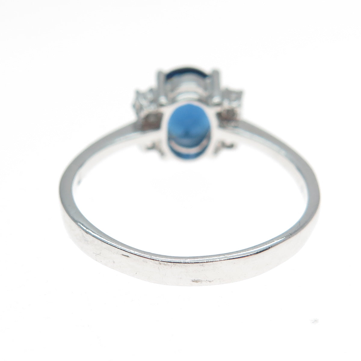 925 Sterling Silver Real Oval-Cut Blue Spinel & Round-Cut C Z Ring Size 7.75