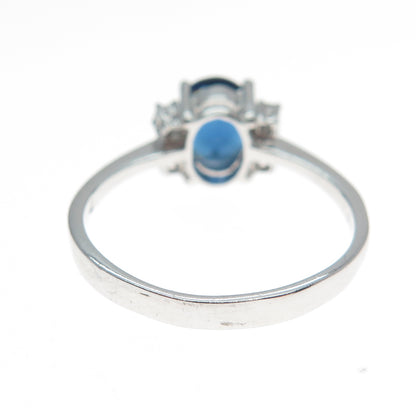 925 Sterling Silver Real Oval-Cut Blue Spinel & Round-Cut C Z Ring Size 7.75