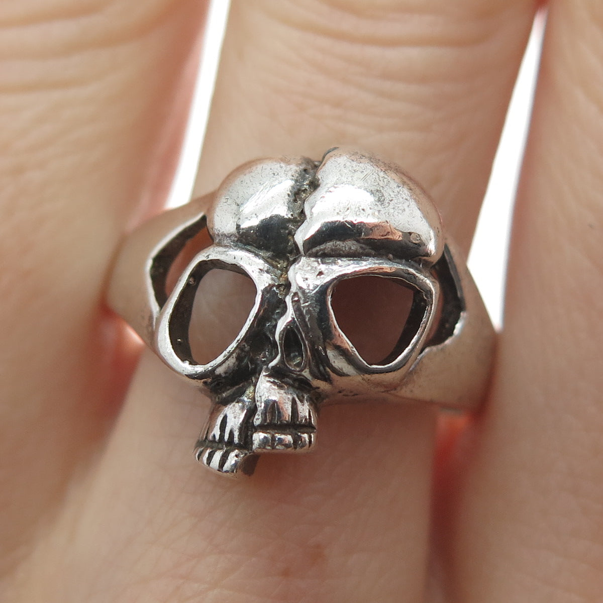 925 Sterling Silver Vintage Broken Skull Biker Oxidized Ring Size 10.5