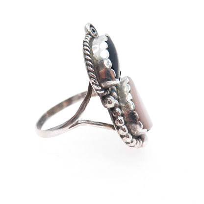 Old Pawn Sterling Silver Vintage Black Onyx & MOP Feather Tribal Ring Size 7.75