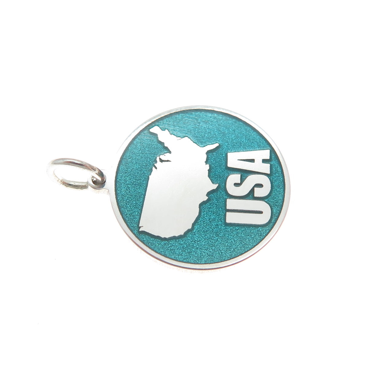 925 Sterling Silver Turquoise Enamel USA Map Round Tag Minimalist Charm Pendant
