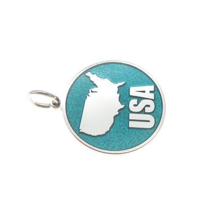 925 Sterling Silver Turquoise Enamel USA Map Round Tag Minimalist Charm Pendant
