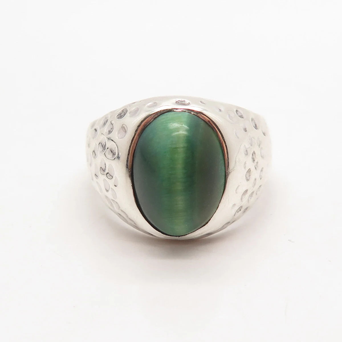 925 Sterling Silver Vintage Fiber Optic Cat's Eye Gem Hammered Ring Size 9.25