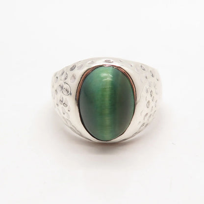 925 Sterling Silver Vintage Fiber Optic Cat's Eye Gem Hammered Ring Size 9.25