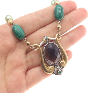 Echo of the Dreamer Sterling Bronze Vintage Quartz Malachite Pearl Necklace 20"