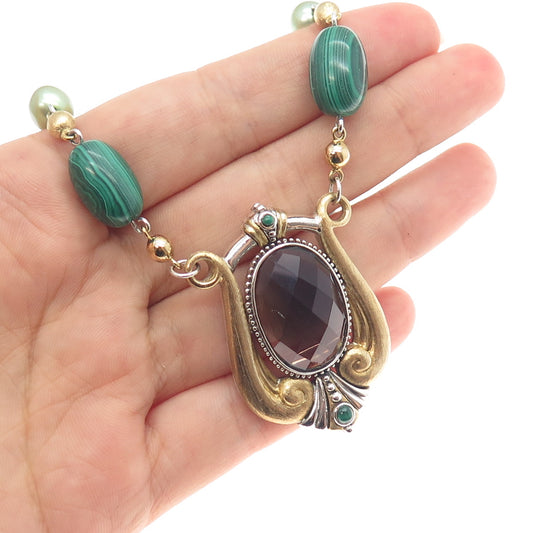 Echo of the Dreamer Sterling Bronze Vintage Quartz Malachite Pearl Necklace 20"