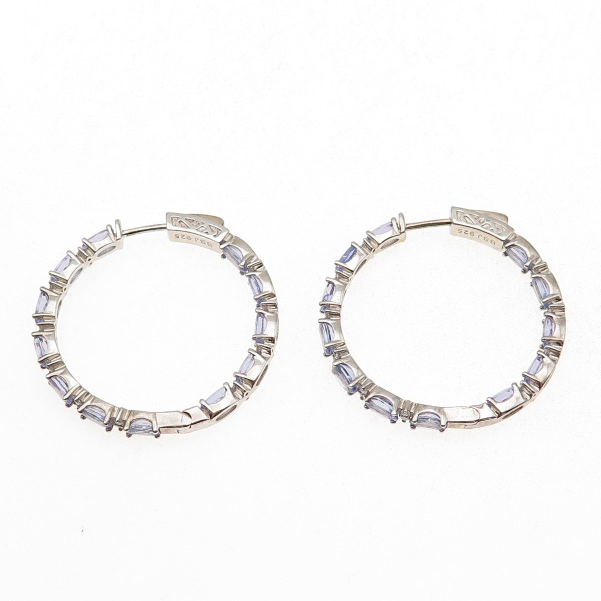 925 Sterling Silver Real Tanzanite White Topaz In & Out Hoop Earrings