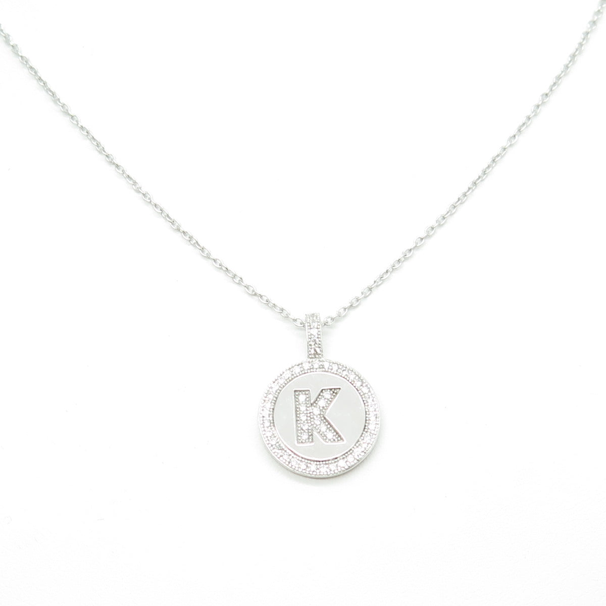 925 Sterling Silver Round-Cut C Z Letter "K" Cable Chain Necklace 16-18"