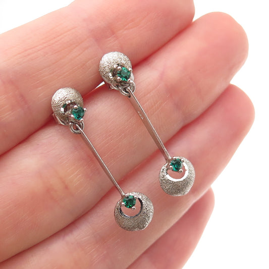 925 Sterling Silver Vintage Green Rhinestone Modernist Oxidized Dangle Earrings