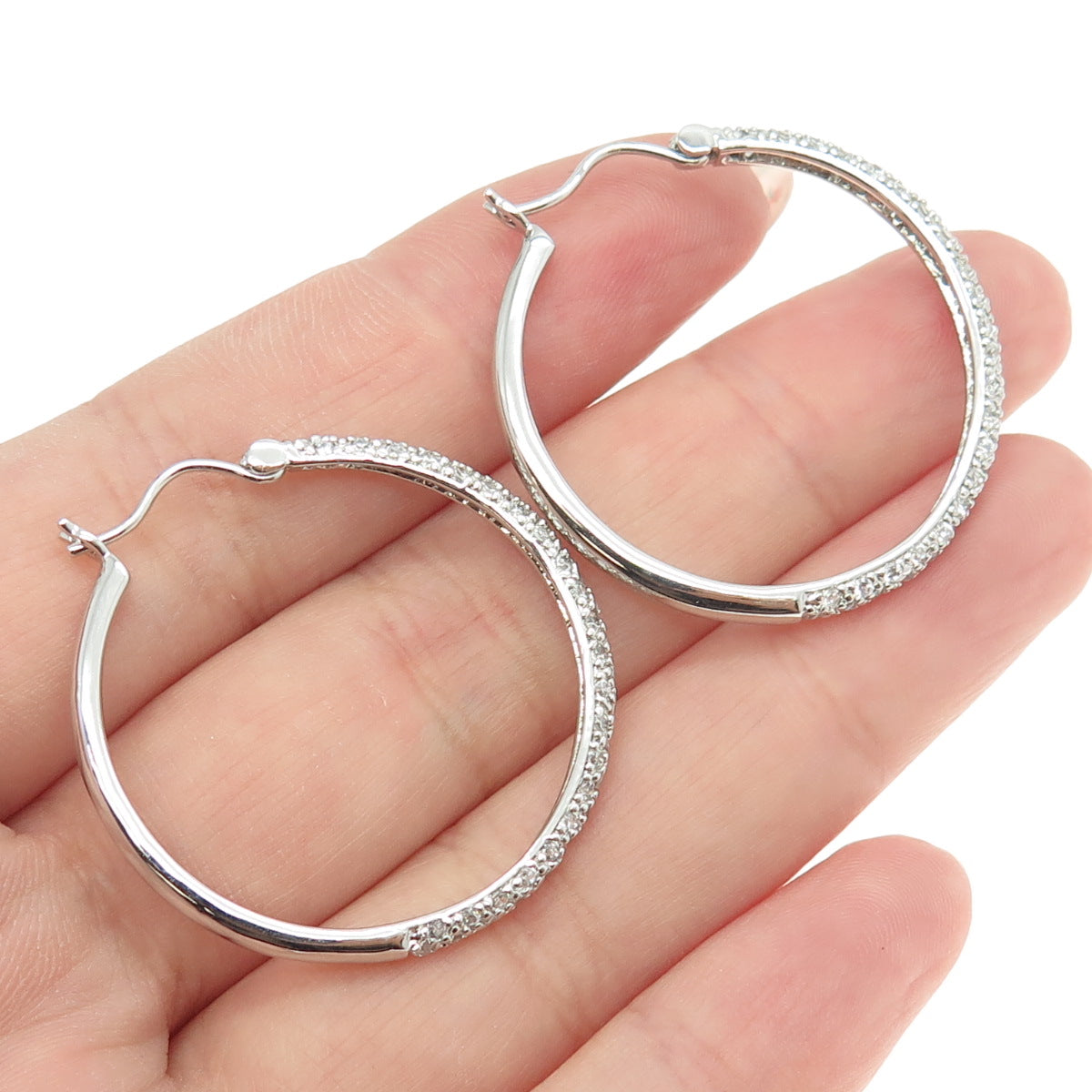 925 Sterling Silver Round-Cut C Z Hoop Earrings