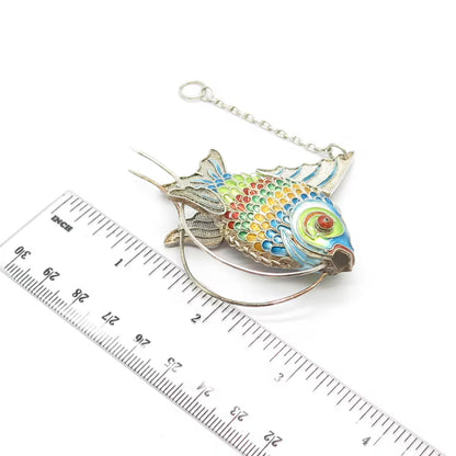 925 Sterling Silver Enamel Antique Articulated Chinese Koi Fish Chatelaine Fob