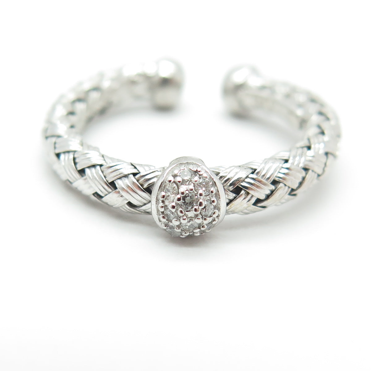 925 Sterling Silver Real Round-Cut Diamond Braided Adjustable Ring Size 4.5