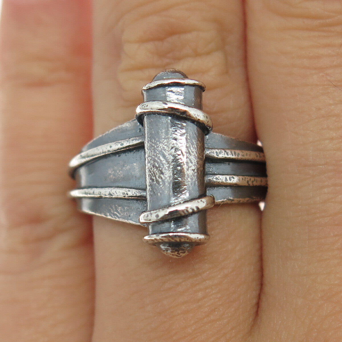 SMS 925 Sterling Silver Vintage Modernist Scroll Oxidized Ring Size 6.75