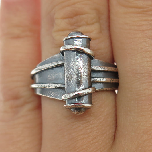 SMS 925 Sterling Silver Vintage Modernist Scroll Oxidized Ring Size 6.75