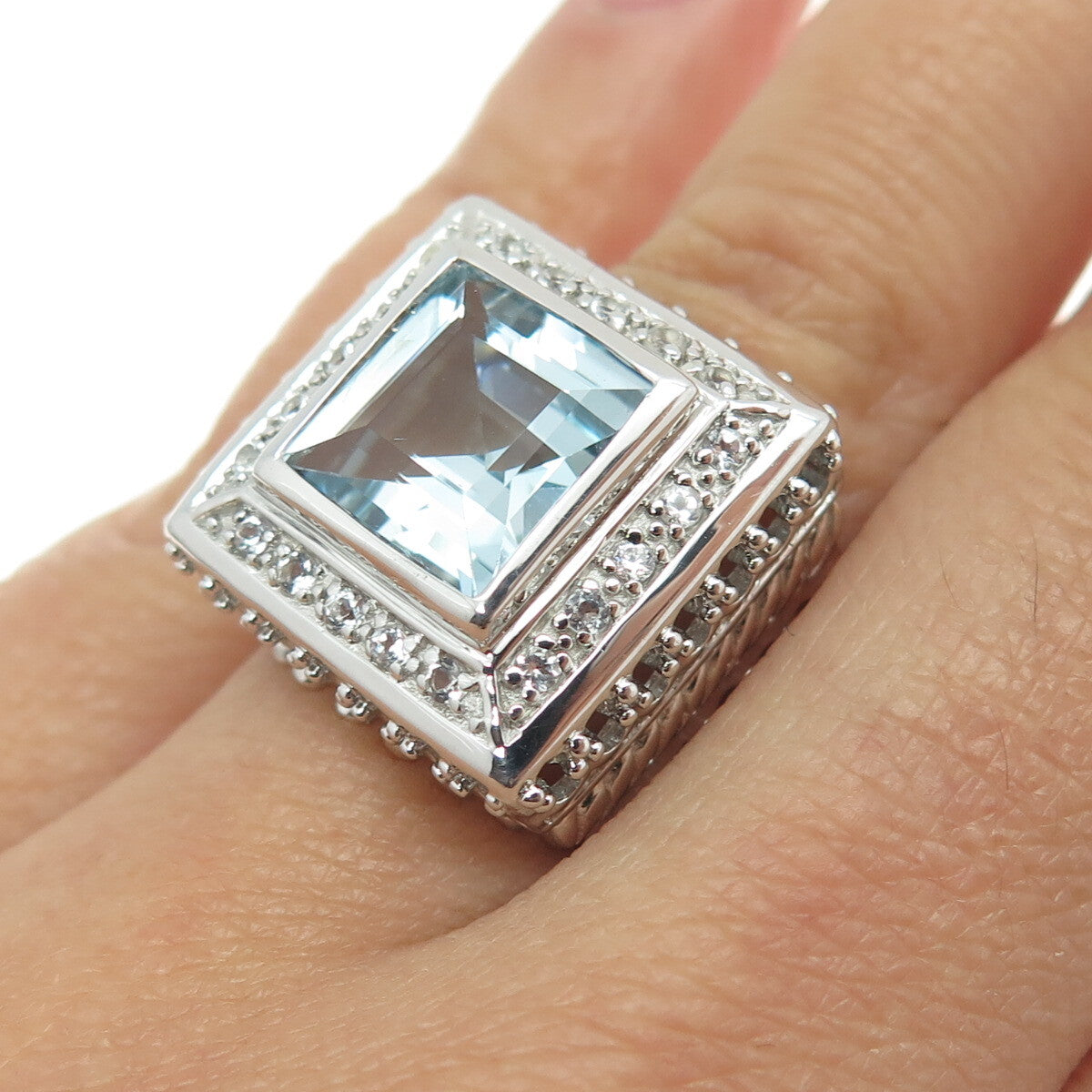 925 Sterling Silver Real Princess-Cut Blue & Round-Cut White Topaz Ring Size 7