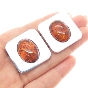 925 Sterling Silver Vintage Real Amber Modernist Omega Back Earrings