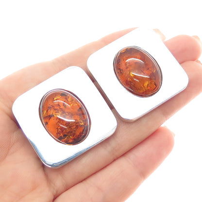 925 Sterling Silver Vintage Real Amber Modernist Omega Back Earrings