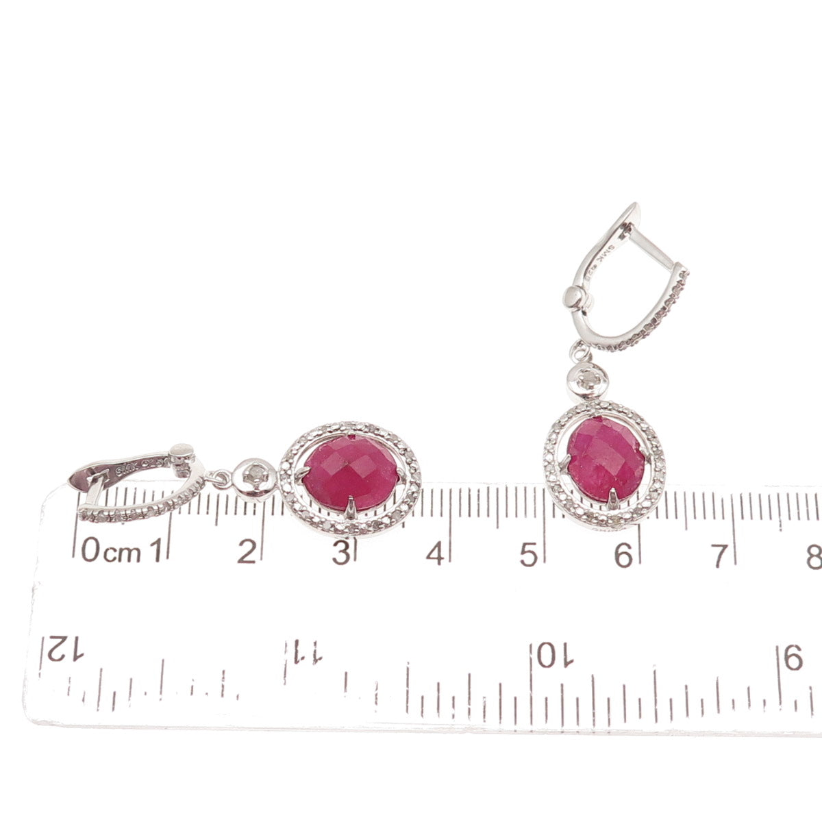 925 Sterling Silver Real Round-Cut Diamond & Oval-Cut Ruby Dangle Earrings