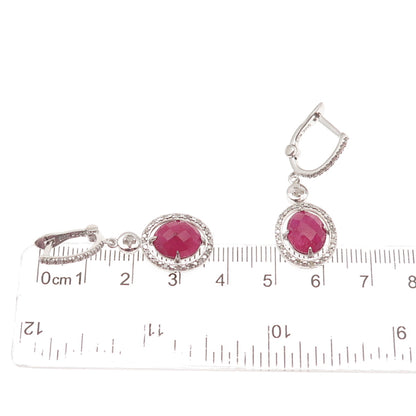 925 Sterling Silver Real Round-Cut Diamond & Oval-Cut Ruby Dangle Earrings
