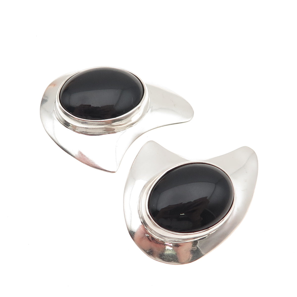 925 Sterling Silver Vintage Real Black Onyx Modernist Clip On Earrings