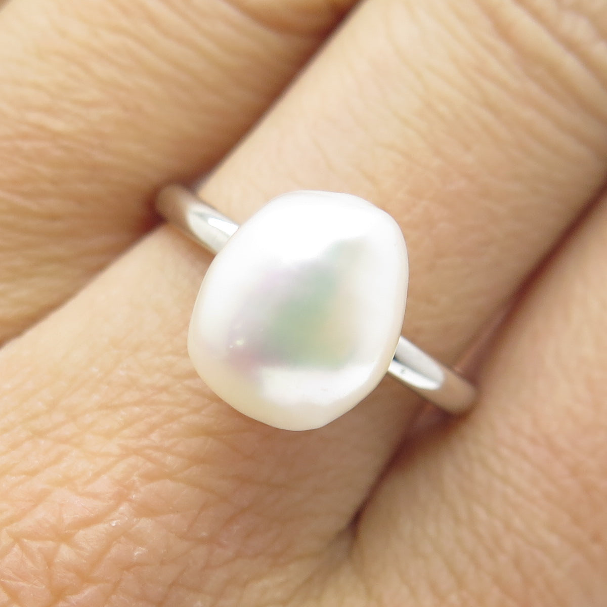 925 Sterling Silver Real Pearl Minimalist Ring Size 8