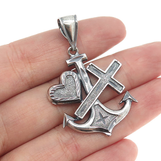 925 Sterling Silver Vintage Anchor Cross & Heart Oxidized Pendant