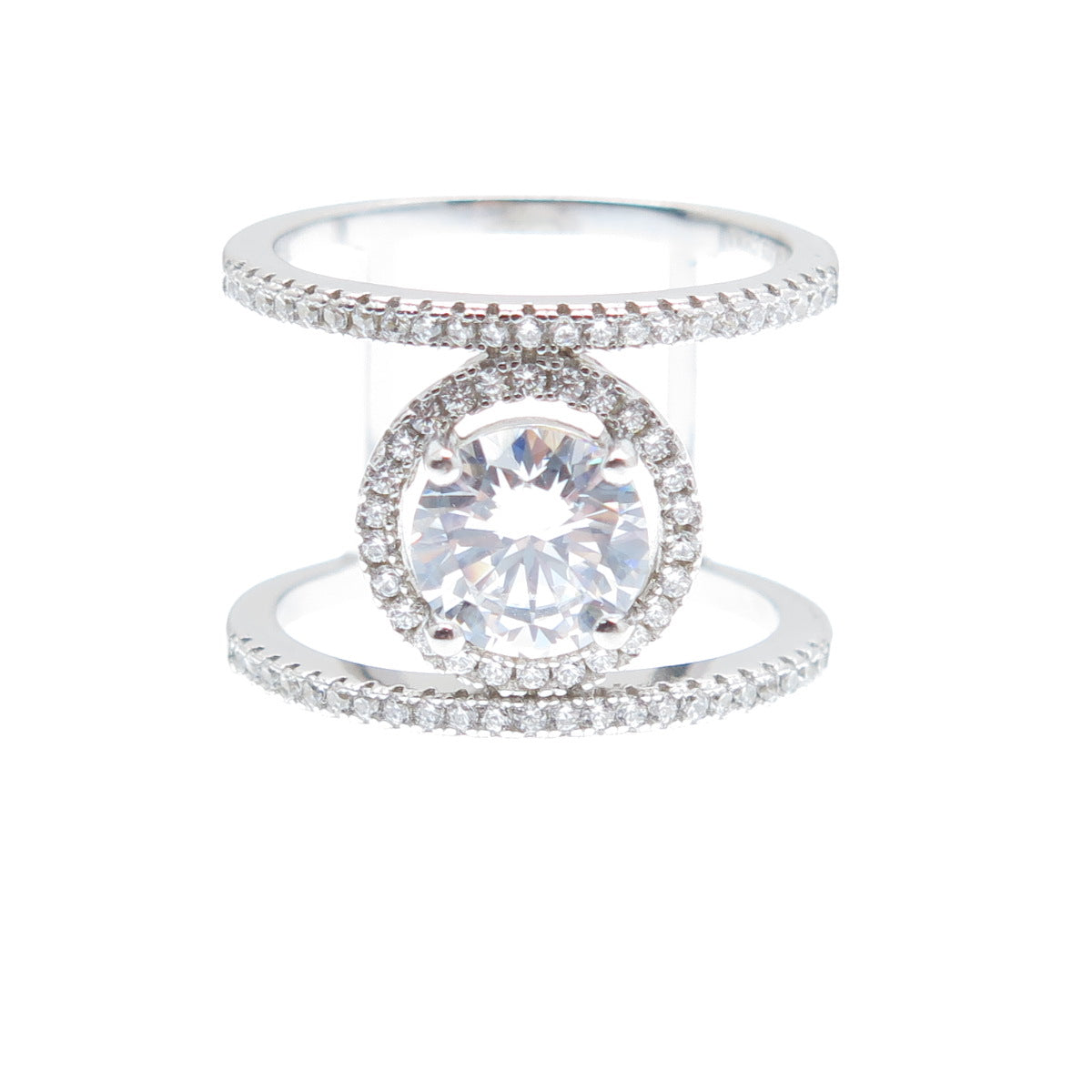 925 Sterling Silver Round-Cut C Z Two-Row Engagement Ring Size 8