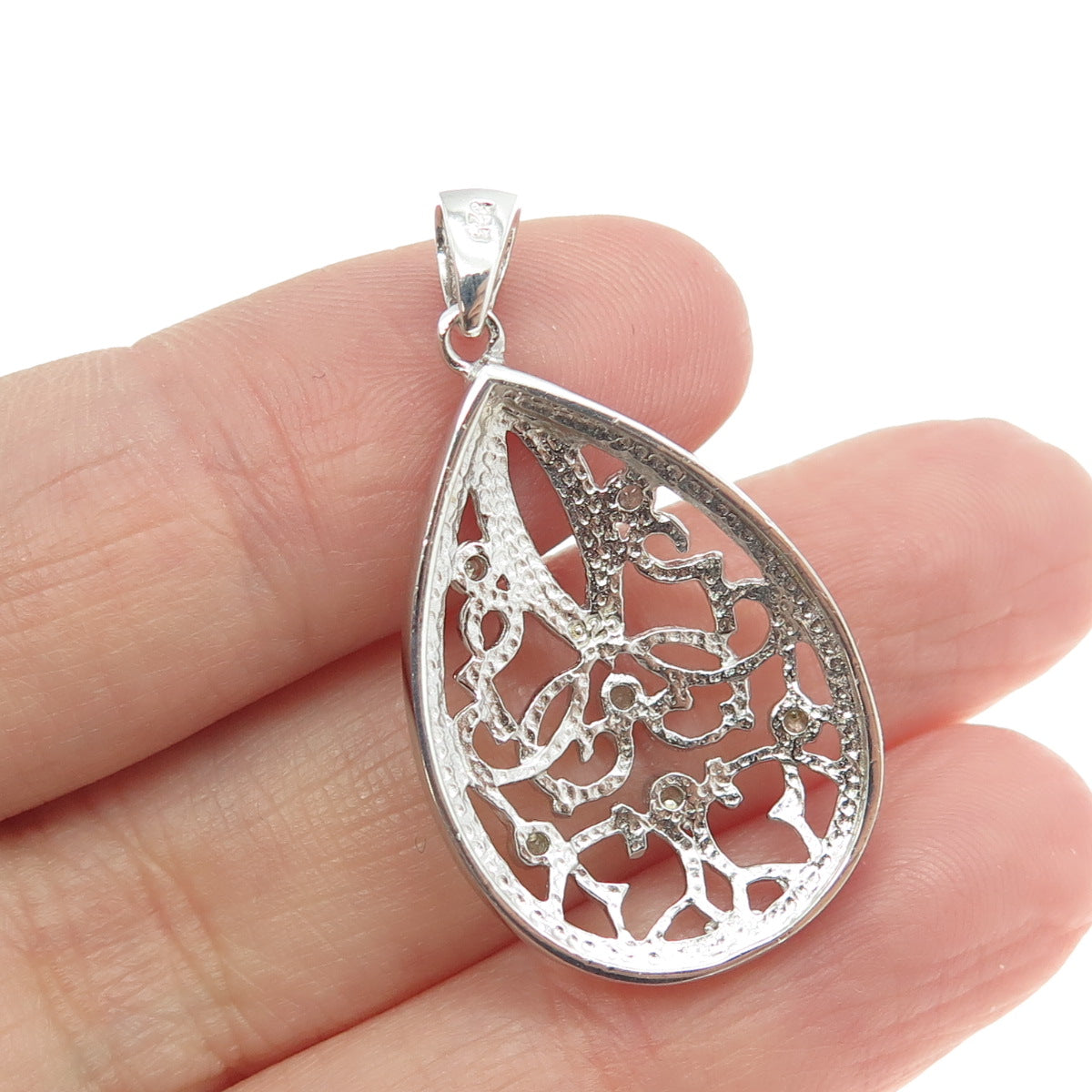 925 Sterling Silver Real Round-Cut Diamond Ornate Teardrop Pendant