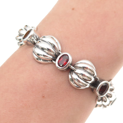 925 Sterling Silver Vintage Real Red Garnet Modernist Shell Link Bracelet 7.75"